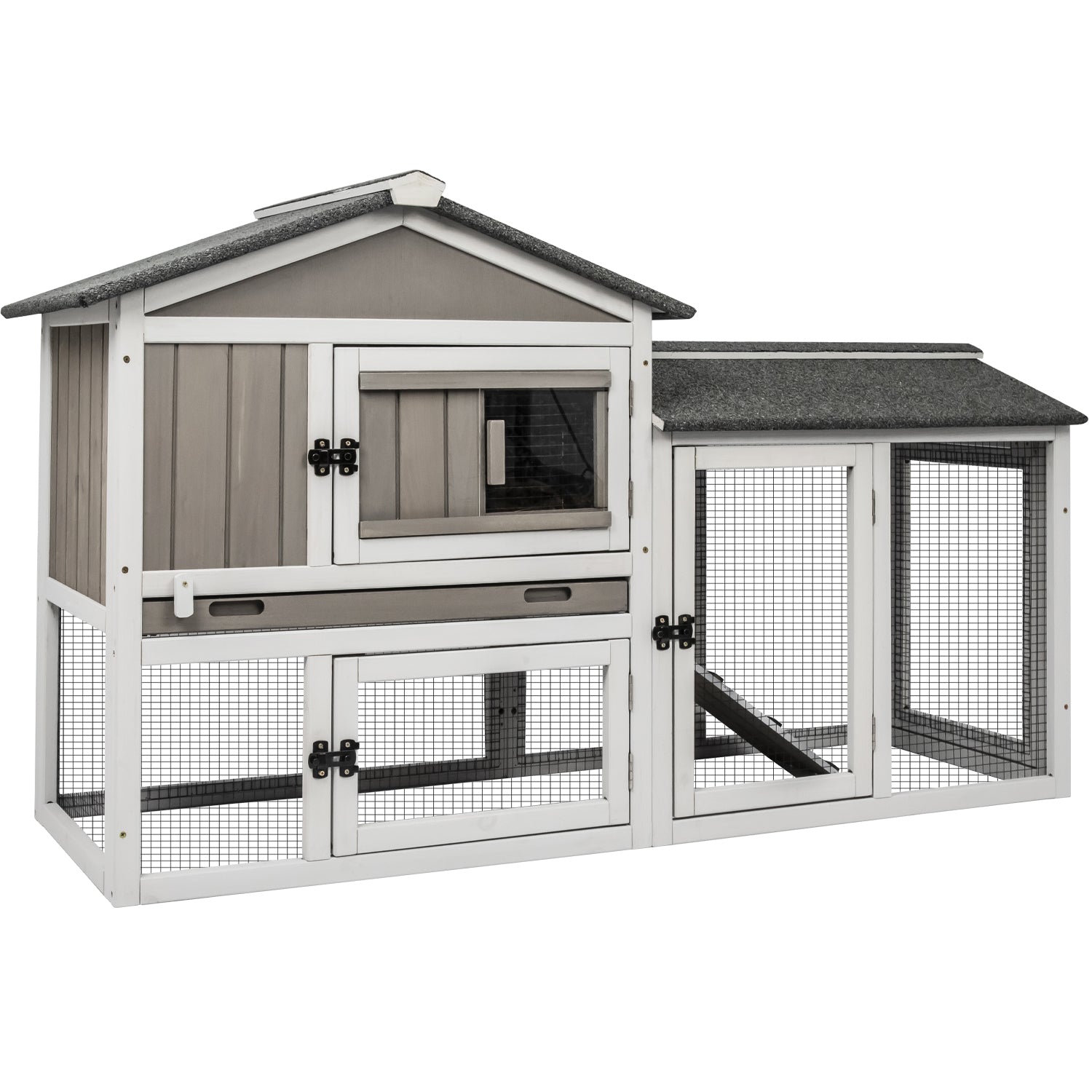 55.1″L 2 Story Wooden Rabbit Hutch Pull Out Tray Asphalt Roof Small Animals PET35 GREYWHITE