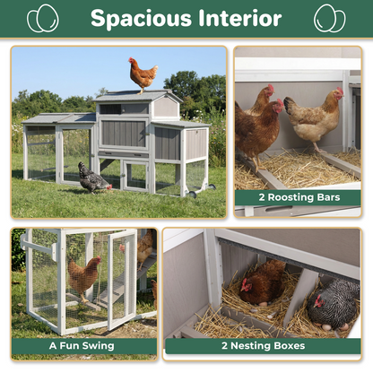 Large Weatherproof Mobile Chicken Coop with Run, Wheels & Swing-PET83-GREYWHITE