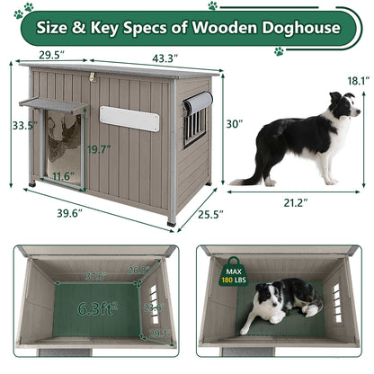 PETSCOSSET 43.3" Large Outdoor Dog House, Weatherproof Wooden Kennel for Dogs Up to 180lbs, Anti-Chew Frame, Window & Raised Base