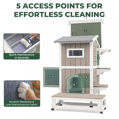 2-Story Insulated Wooden Cat House with Balcony & Escape Door- PET71-TI