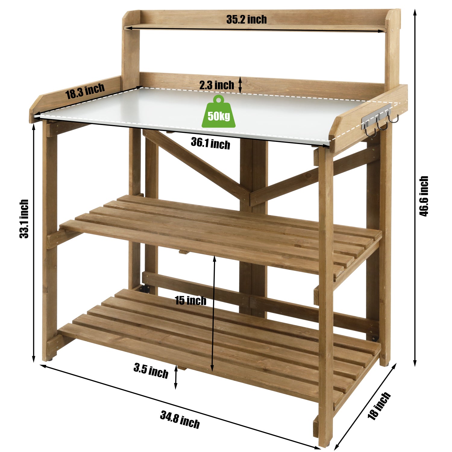 Fir wood potting table with two-tier storage shelves in brown
