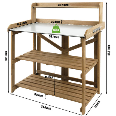Fir wood potting table with two-tier storage shelves in brown