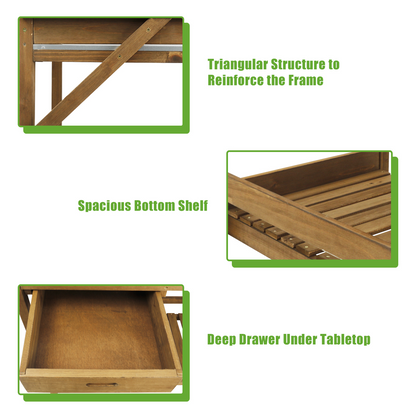 Wooden Potting Benches & Tables, W/Metal Table Top, Drawer, Bottom Shelf-GF11