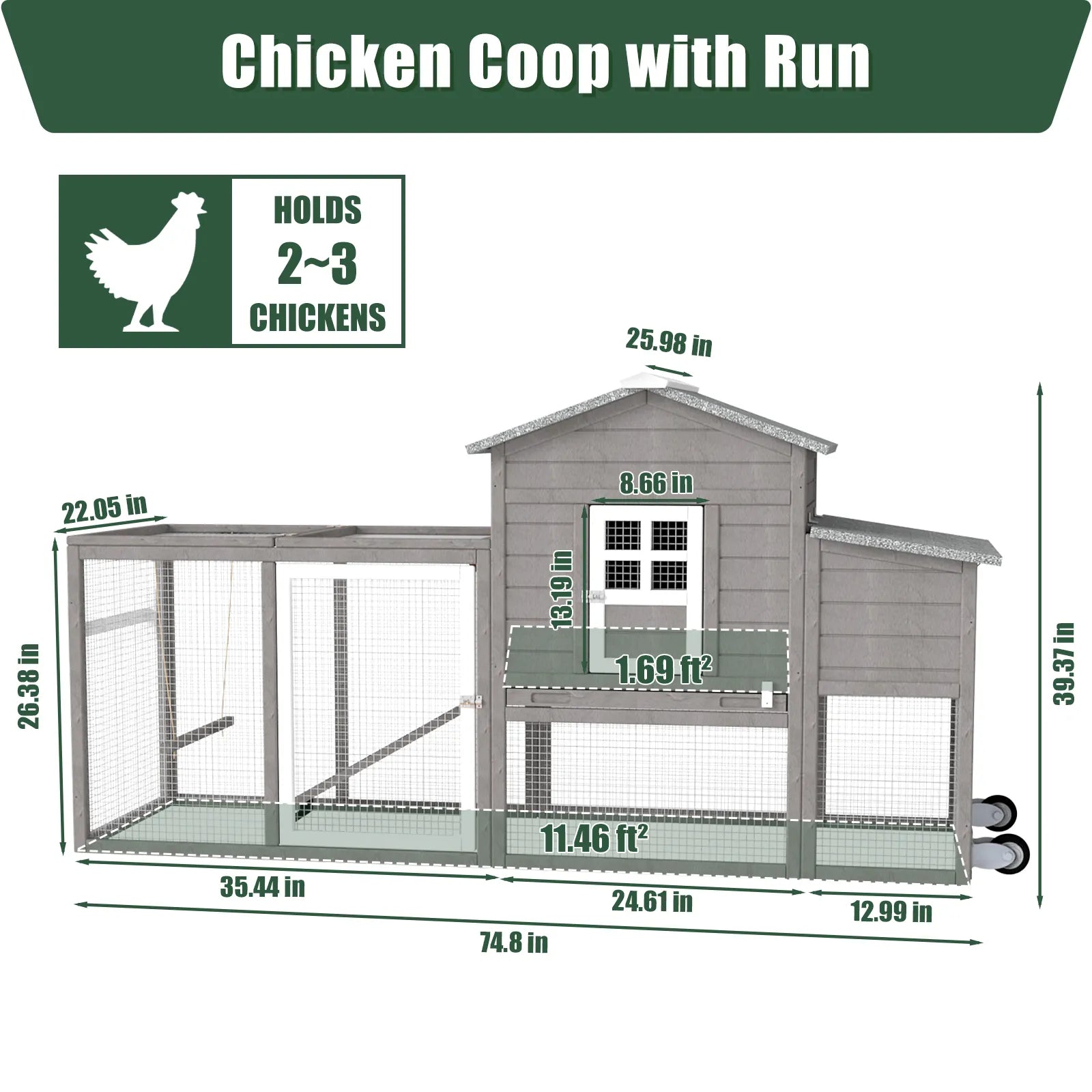 Medium Chicken Coop for 3-5 Chickens with Nesting Box, Tray and Wheels - PET21W