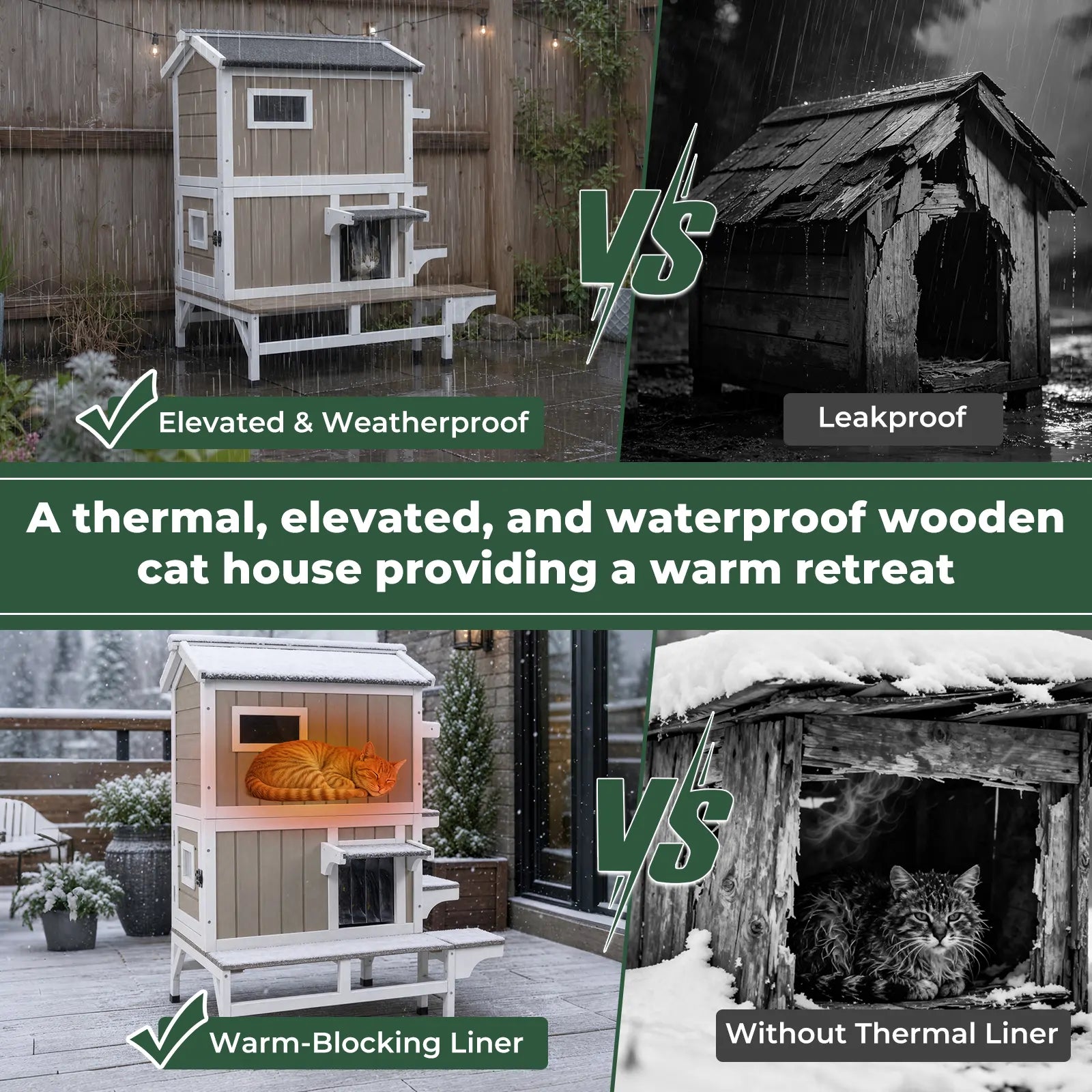 2-Story Insulated Wooden Cat House with Balcony & Open Roof - PET73-TI