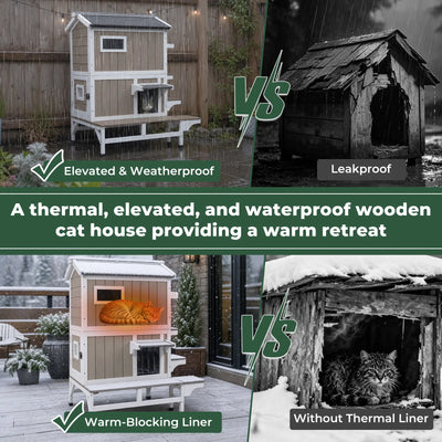 2-Story Insulated Wooden Cat House with Balcony & Open Roof - PET73-TI