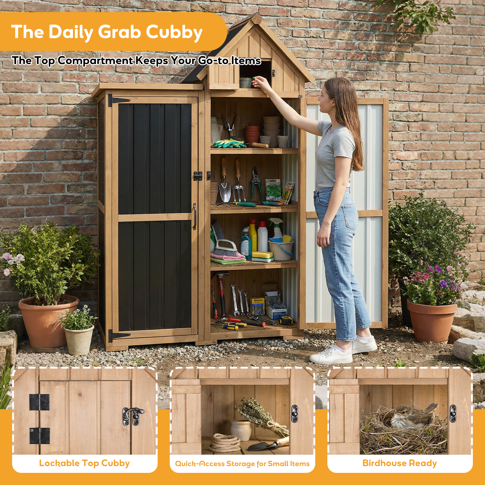 Outdoor Storage Cabinet, Wood & Metal Garden Shed with Lockable Doors-GF41