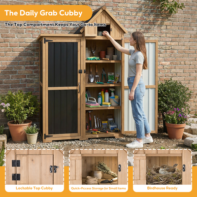 Outdoor Storage Cabinet, Wood & Metal Garden Shed with Lockable Doors-GF41