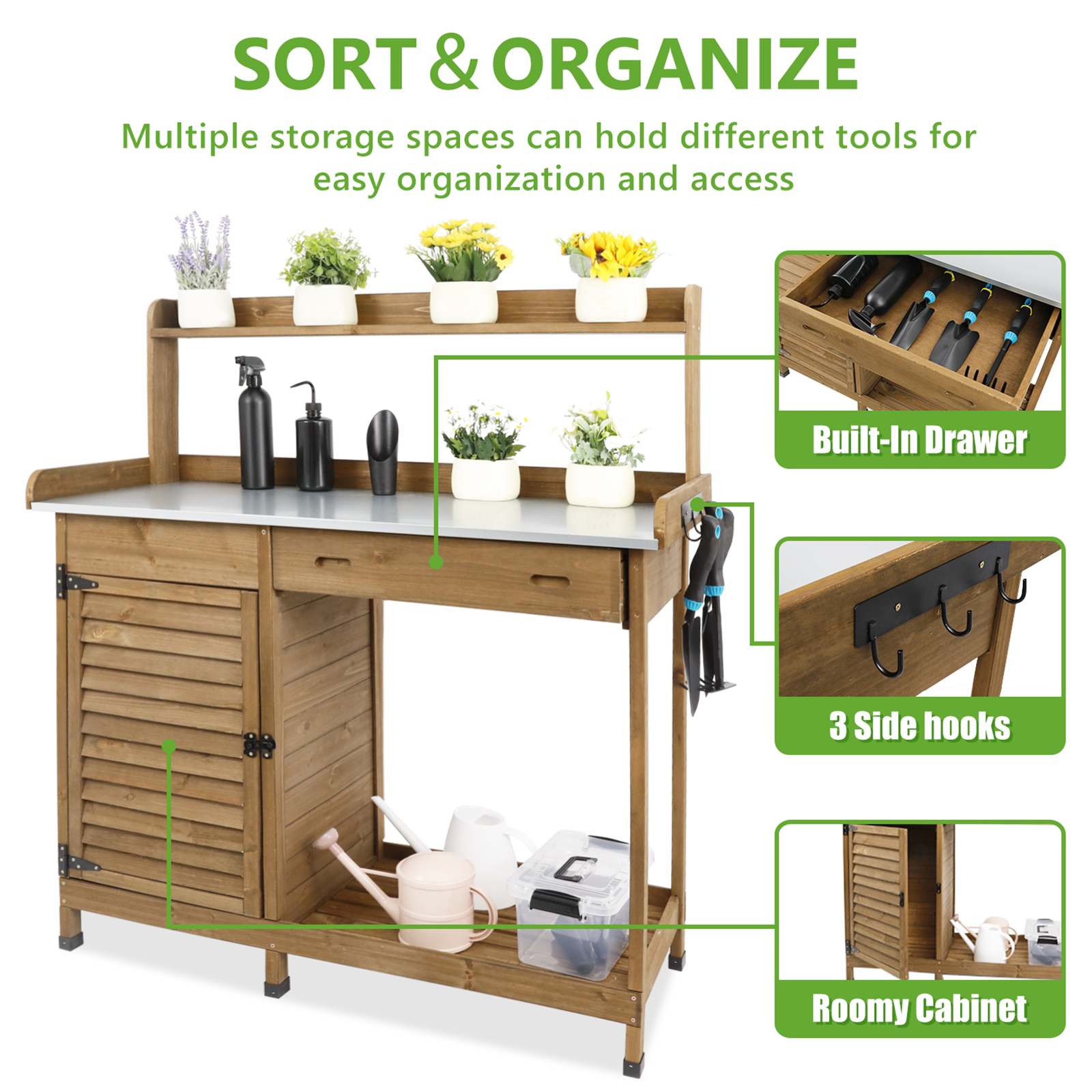 Wooden Potting Bench with Metal Tabletop, Waterproof Garden Table-Brown-GF10