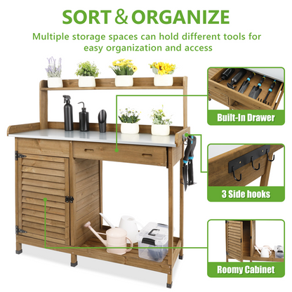 Wooden Potting Bench with Metal Tabletop, Waterproof Garden Table-Brown-GF10