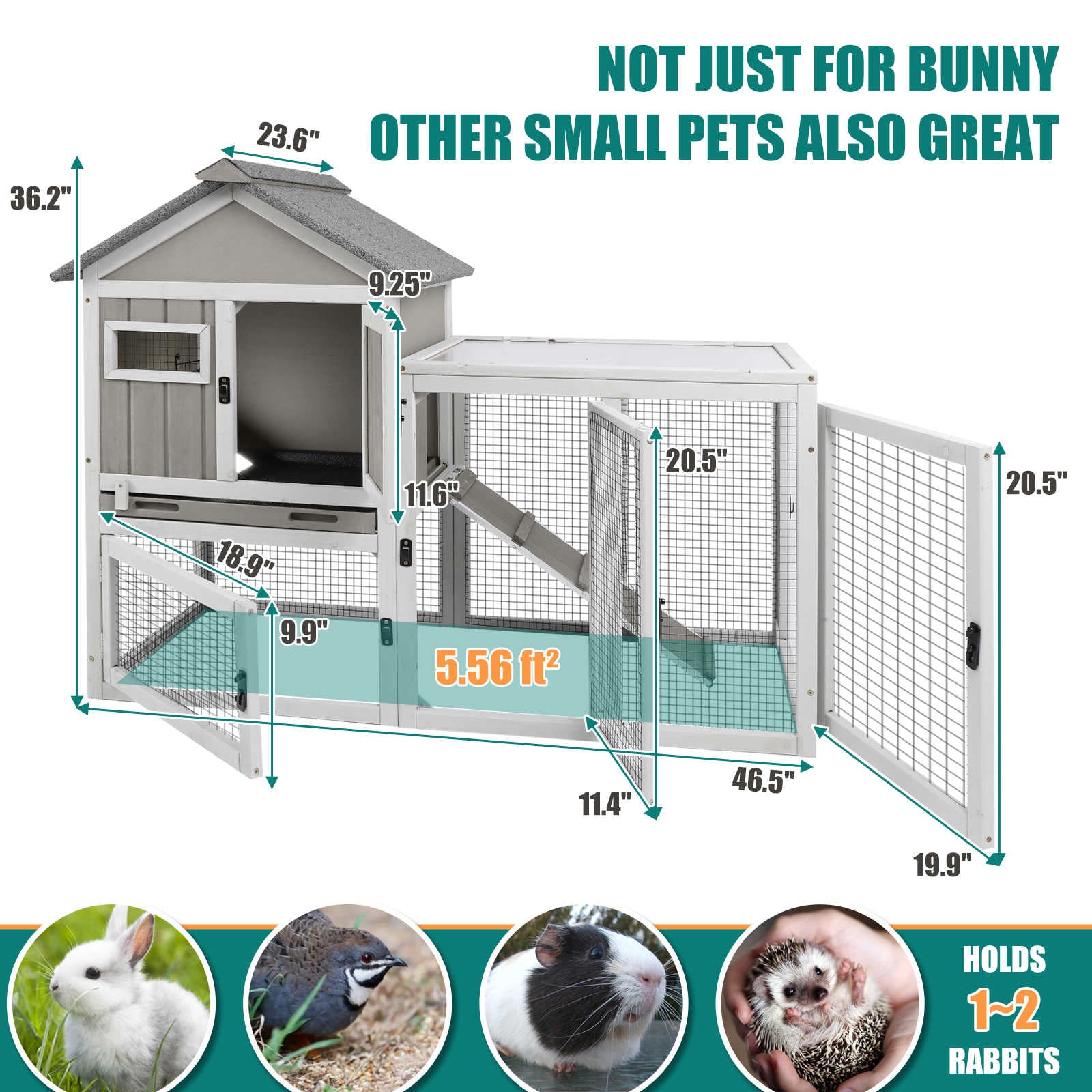 PETSCOSSET 48" Wooden Rabbit Hutch, 2-Story Bunny Cage for Indoors & Outdoors, Waterproof with Tray & Ramp
