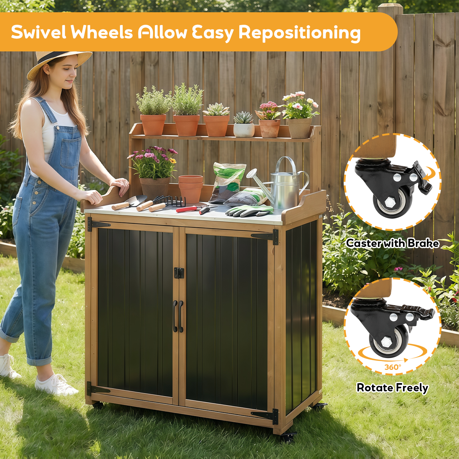 Mobile Potting Bench & Storage Cabinet with Lockable Wheels-GF40
