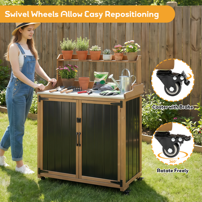 Mobile Potting Bench & Storage Cabinet with Lockable Wheels-GF40