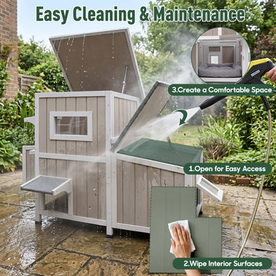 2-Story Weatherproof Wooden Cat House with 3 Escape Doors - PET19
