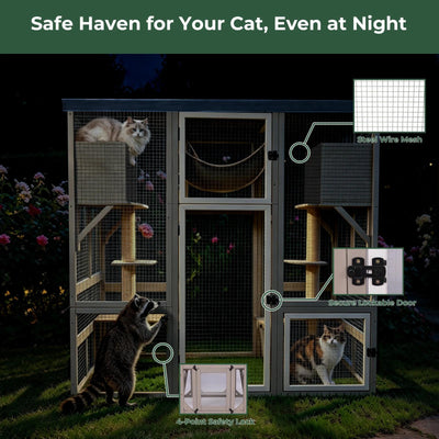 Expandable Multi-Cat Catio with 7 Platforms,2 Rooms, A Hammock & 2 Scratch Posts-PET91