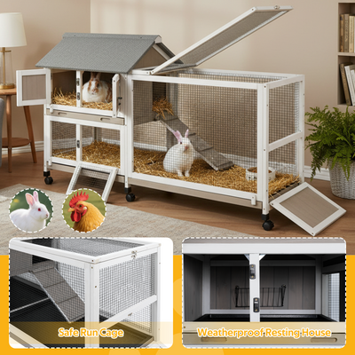 PETSCOSSET Rabbit Hutch Outdoor Indoor Bunny Hutch with Run 2-Story Large Rabbit Cage on 6 Wheels, 3 Leak Proof Trays, Ramp, Waterproof Roof for Small to Medium Animals, Expandable Design