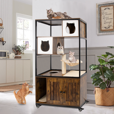 PETSCOSSET PET54 brown wooden cat litter box enclosure with wheels