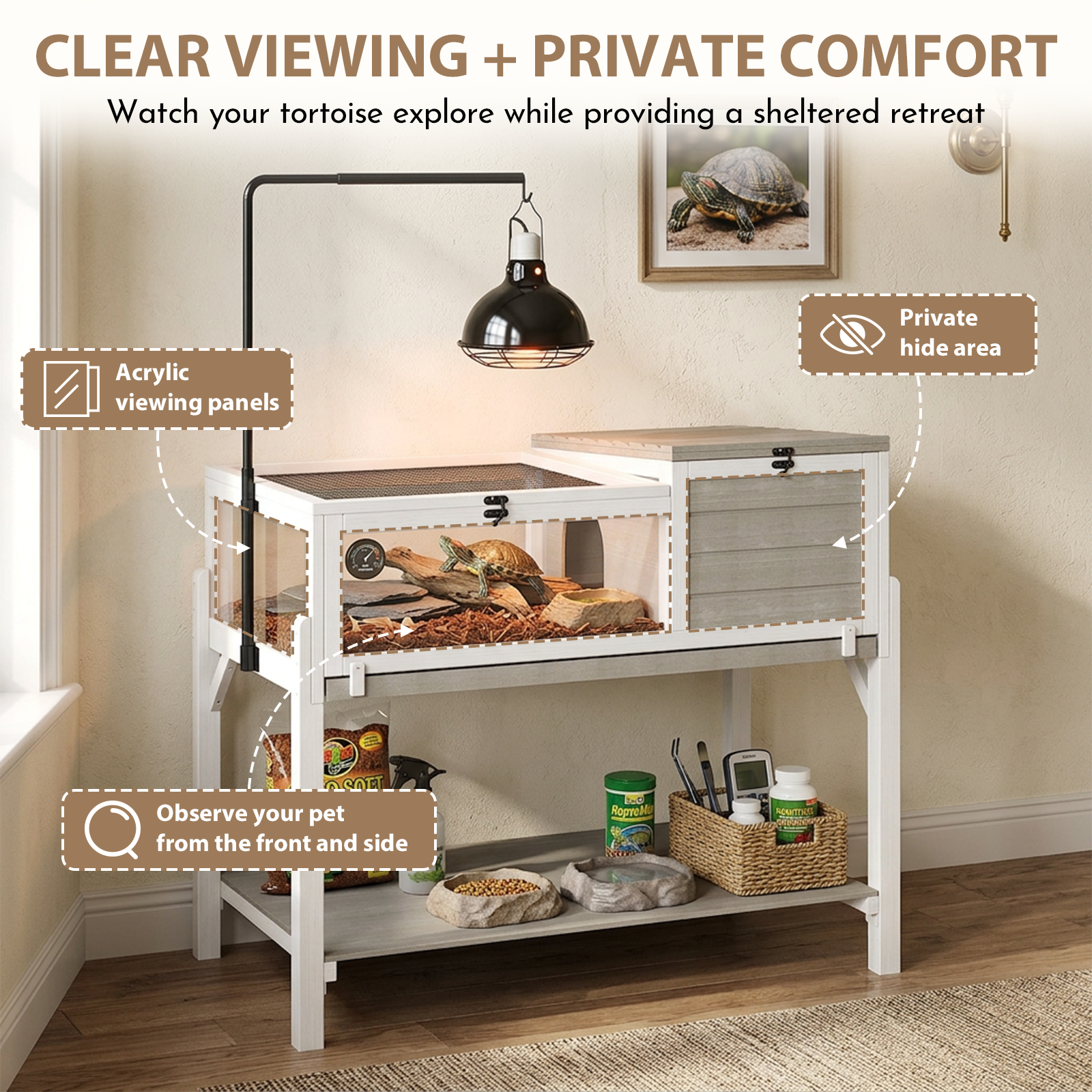 Wooden Tortoise  Enclosure with Detachable Legs, Light Stand & Storage Shelf-TOR04