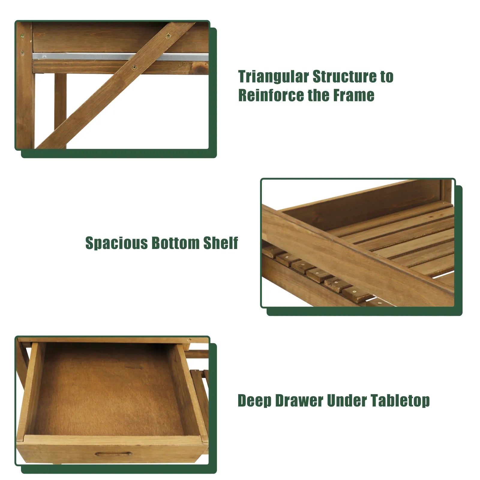 Wooden Potting Benches & Tables, W/Metal Table Top, Drawer, Bottom Shelf-GF11