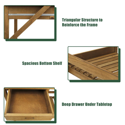 Wooden Potting Benches & Tables, W/Metal Table Top, Drawer, Bottom Shelf-GF11