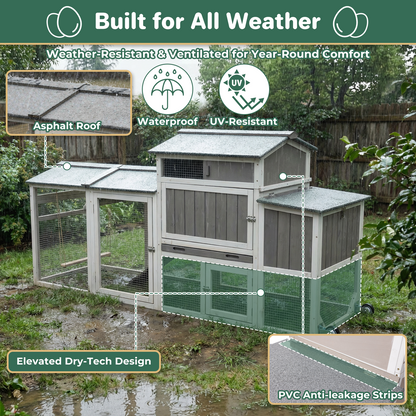 Large Weatherproof Mobile Chicken Coop with Run, Wheels & Swing-PET83-GREYWHITE