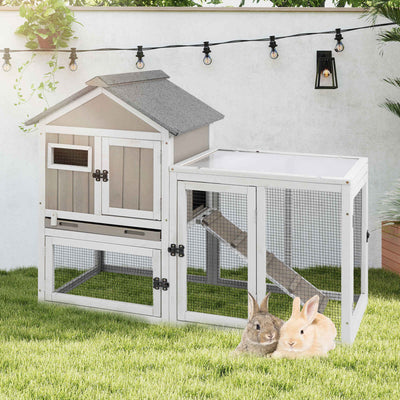PETSCOSSET 48" Wooden Rabbit Hutch, 2-Story Bunny Cage for Indoors & Outdoors, Waterproof with Tray & Ramp