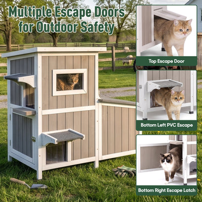 2-Story Weatherproof Wooden Cat House with 3 Escape Doors - PET19
