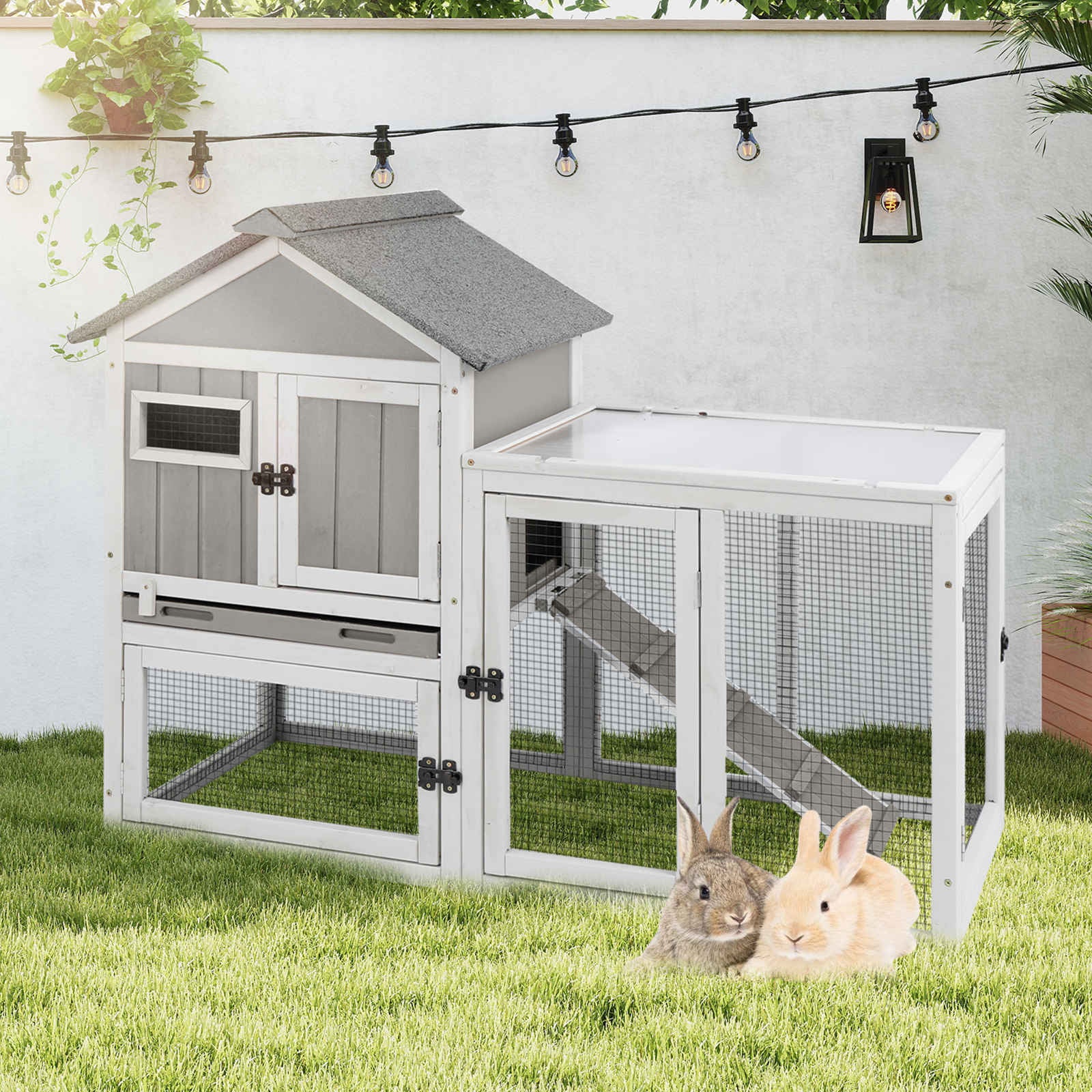 48-Inch Wooden Rabbit Hutch with Tray & Ramp | Petscosset