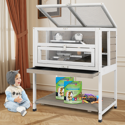 Large indoor/outdoor guinea pig habitat with storage shelf