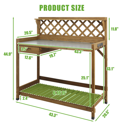 Wooden Potting Benches & Tables, W/Metal Table Top, Drawer, Bottom Shelf-GF11