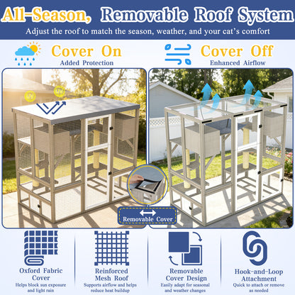 Expandable Multi-Cat Catio with 7 Platforms,2 Rooms, A Hammock & 2 Scratch Posts-PET91