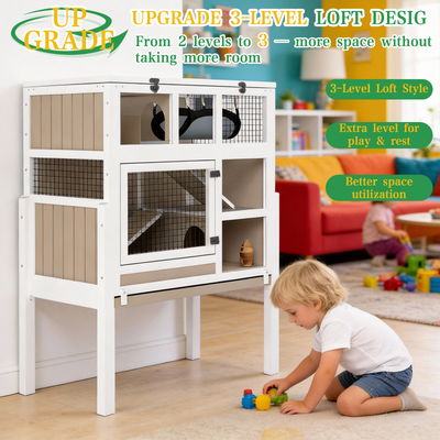 3-Tier Wooden Hamster Cage with Stand, Large Guinea Pig Cage & Rabbit Hutch Habitat, Deep Pull-Out Tray, Indoor Small Animal House, Grey