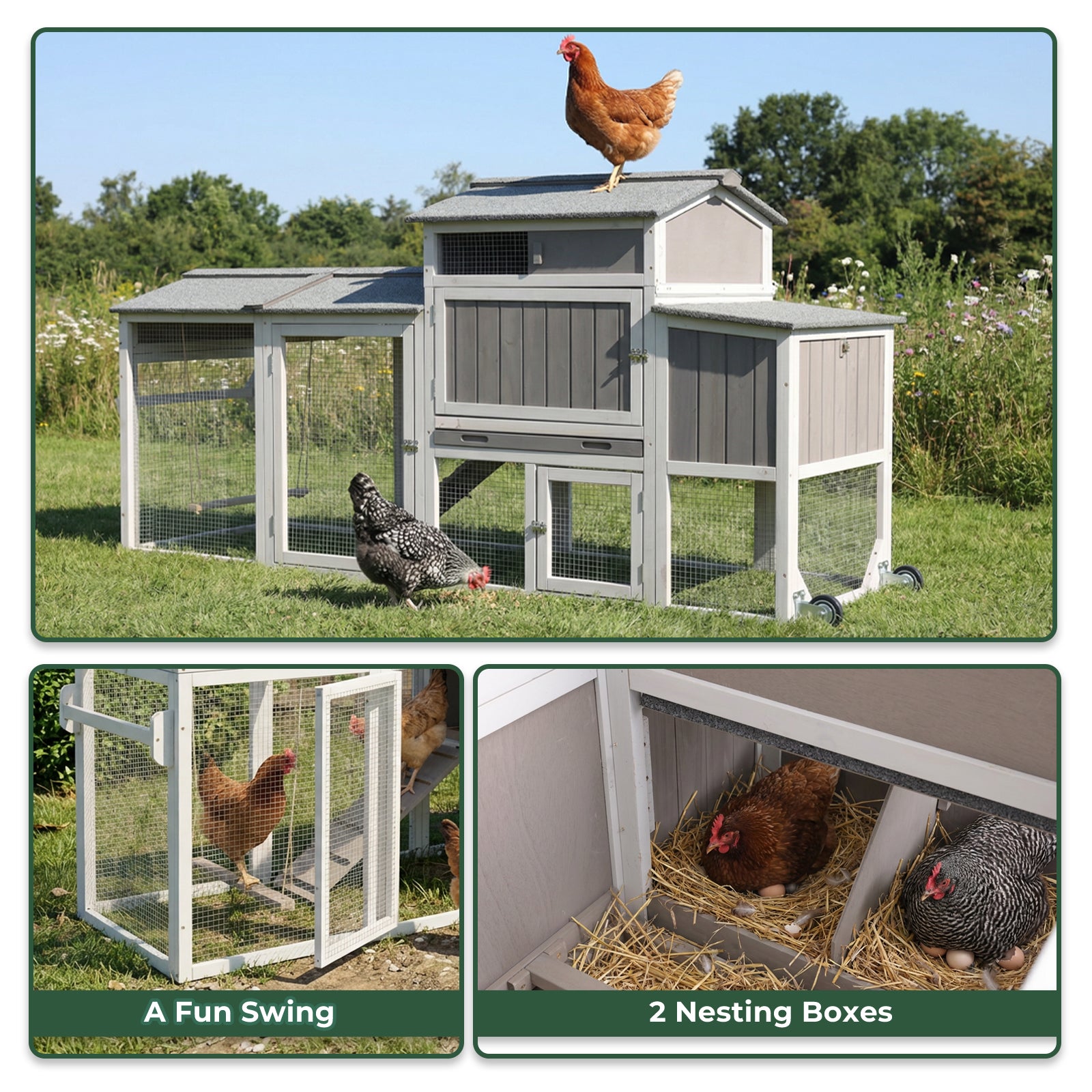 Small Chicken Coop with Run & Swing for 2–3 Chickens-Sloped Roof - PET83