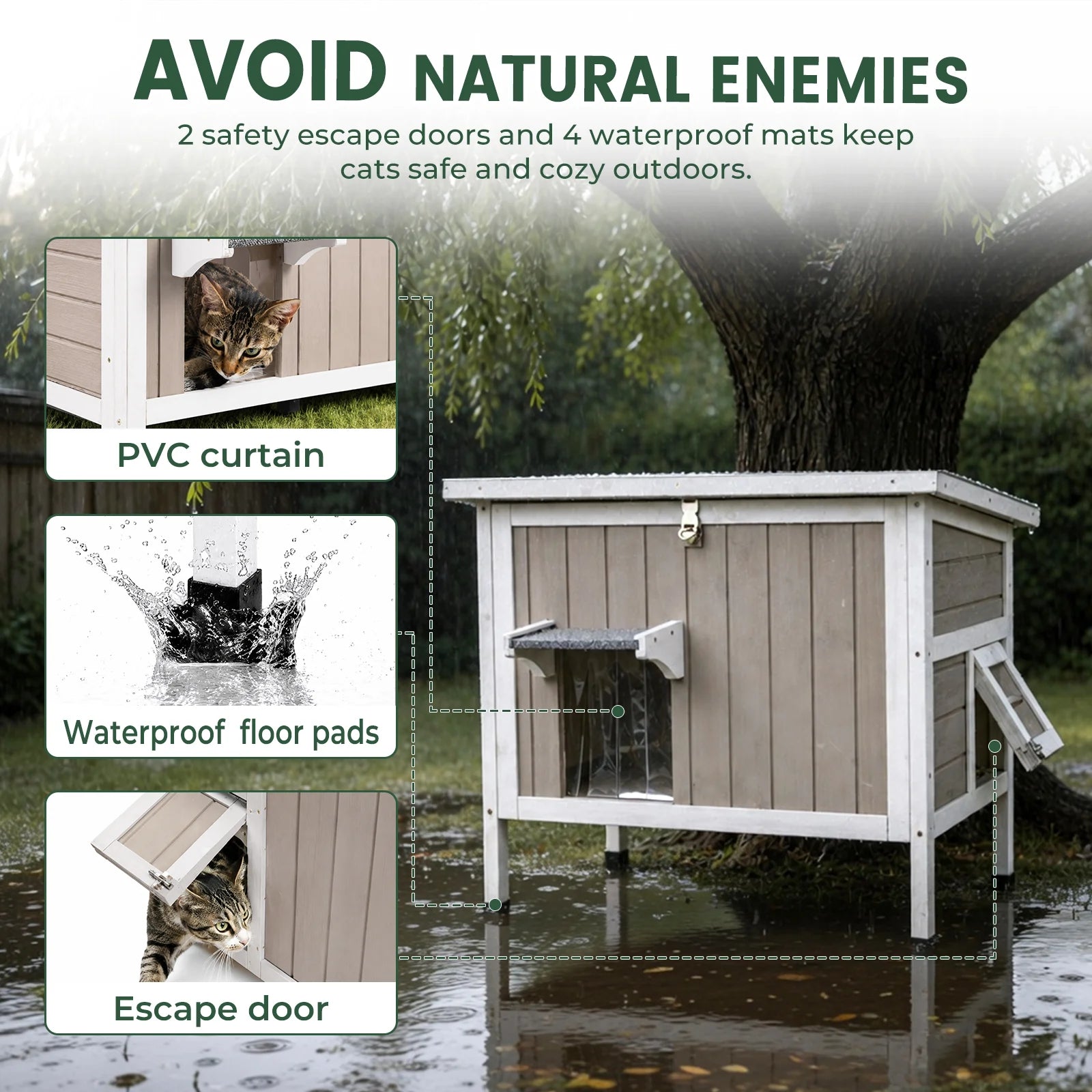 Insulated Wooden Cat House with Foam & Raised Base - PET75