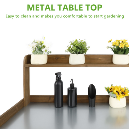 Wooden Potting Bench with Metal Tabletop, Waterproof Garden Table-Brown-GF10