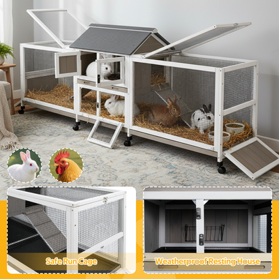 Large Outdoor Wooden Rabbit Hutch with Double Runs & Wheels-PET81