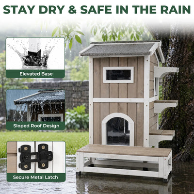 2-Story Insulated Wooden Cat House with Balcony & Escape Door- PET71-TI