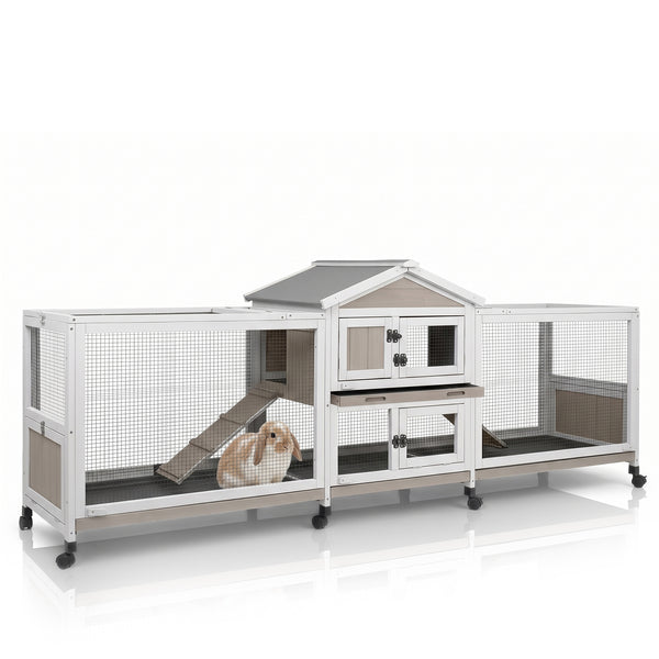 PETSCOSSET Large Rabbit Hutch (93"L) - 2-Story, Dual Runs & 4 Trays - PET41