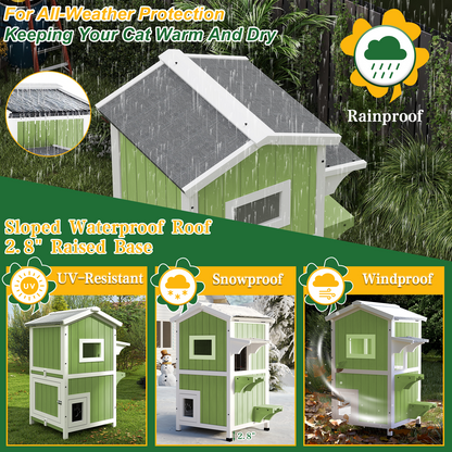 Outdoor Two-Story Weatherproof Wooden Feral Cat Shelter-04-GREENWHITE