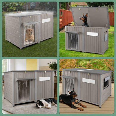 PETSCOSSET Large Dog House, Outdoor Wooden Dog Kennel with Weatherproof Asphalt Roof for Medium to Large Dogs, Gray