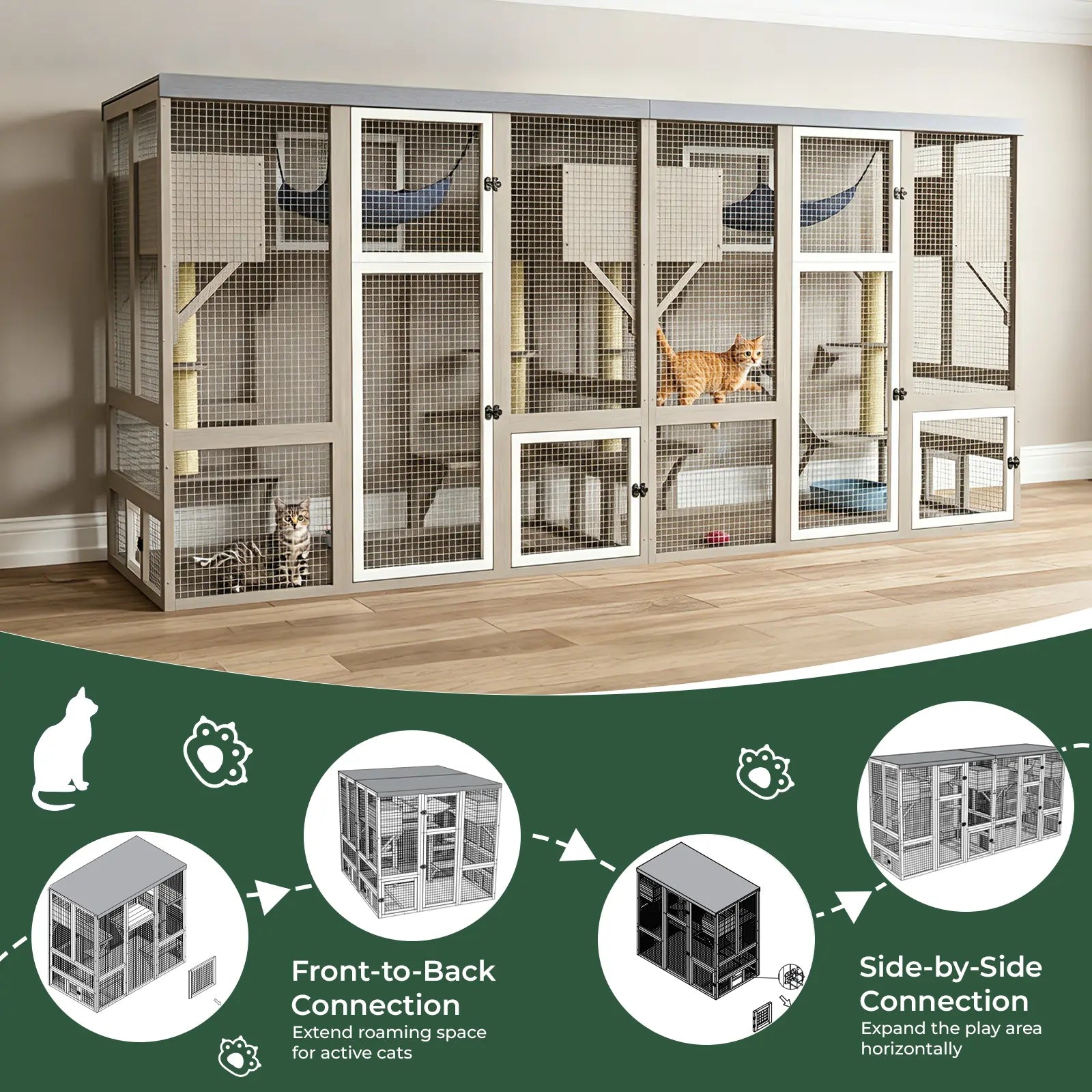 Expandable Multi-Cat Catio with 7 Platforms,2 Rooms, A Hammock & 2 Scratch Posts-PET91