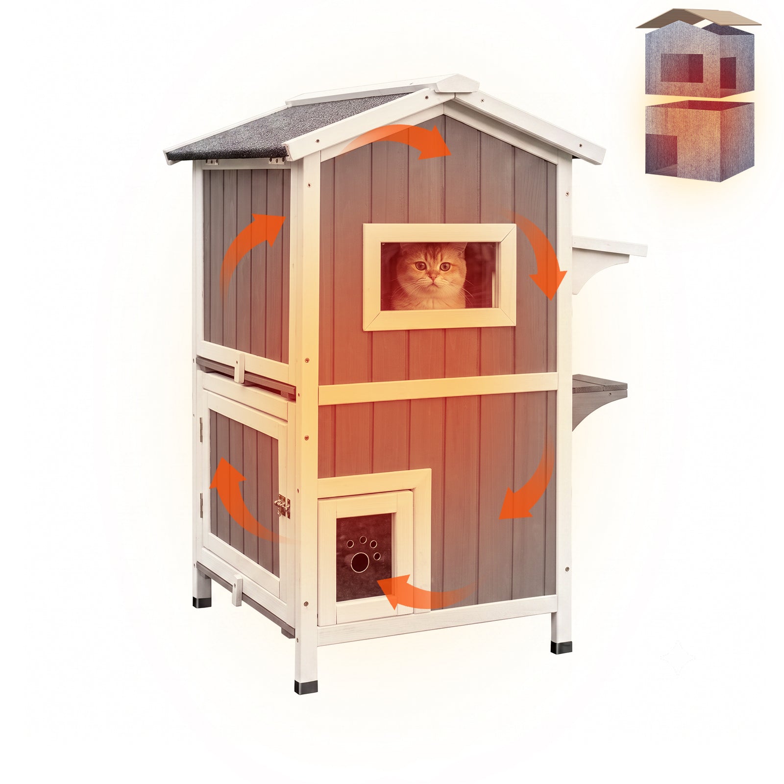 Outdoor Insulated Cat House, Wooden 2-Story Feral Cat Shelter