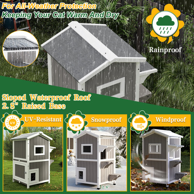 Two-Story Wooden Feral Cat Shelter with Asphalt Roof-04-GREYWHITE