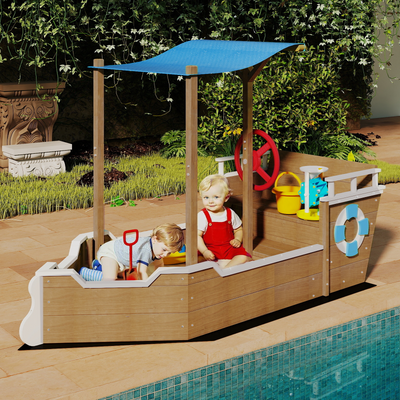 UV-Resistant Ship Sandbox with Built-in Seats & Storage, Liner, for Kids 2-8-GF02