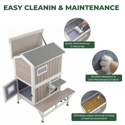 2-Story Insulated Wooden Cat House with Balcony & Open Roof - PET73-TI