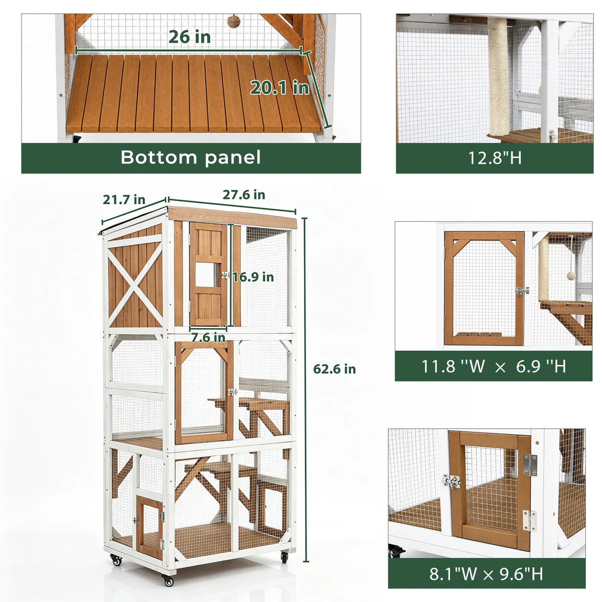 62.6" Rolling Wooden Outdoor Catio with Waterproof Roof & Window Access-PET98
