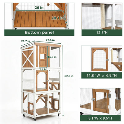 62.6" Rolling Wooden Outdoor Catio with Waterproof Roof & Window Access-PET98