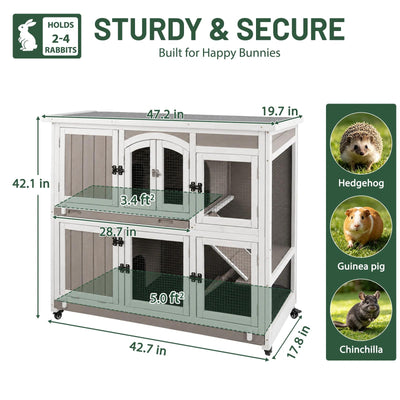 PETSCOSSET Rabbit Hutch (47.2"L) - 2-Story, Wheels & Trays - PET33