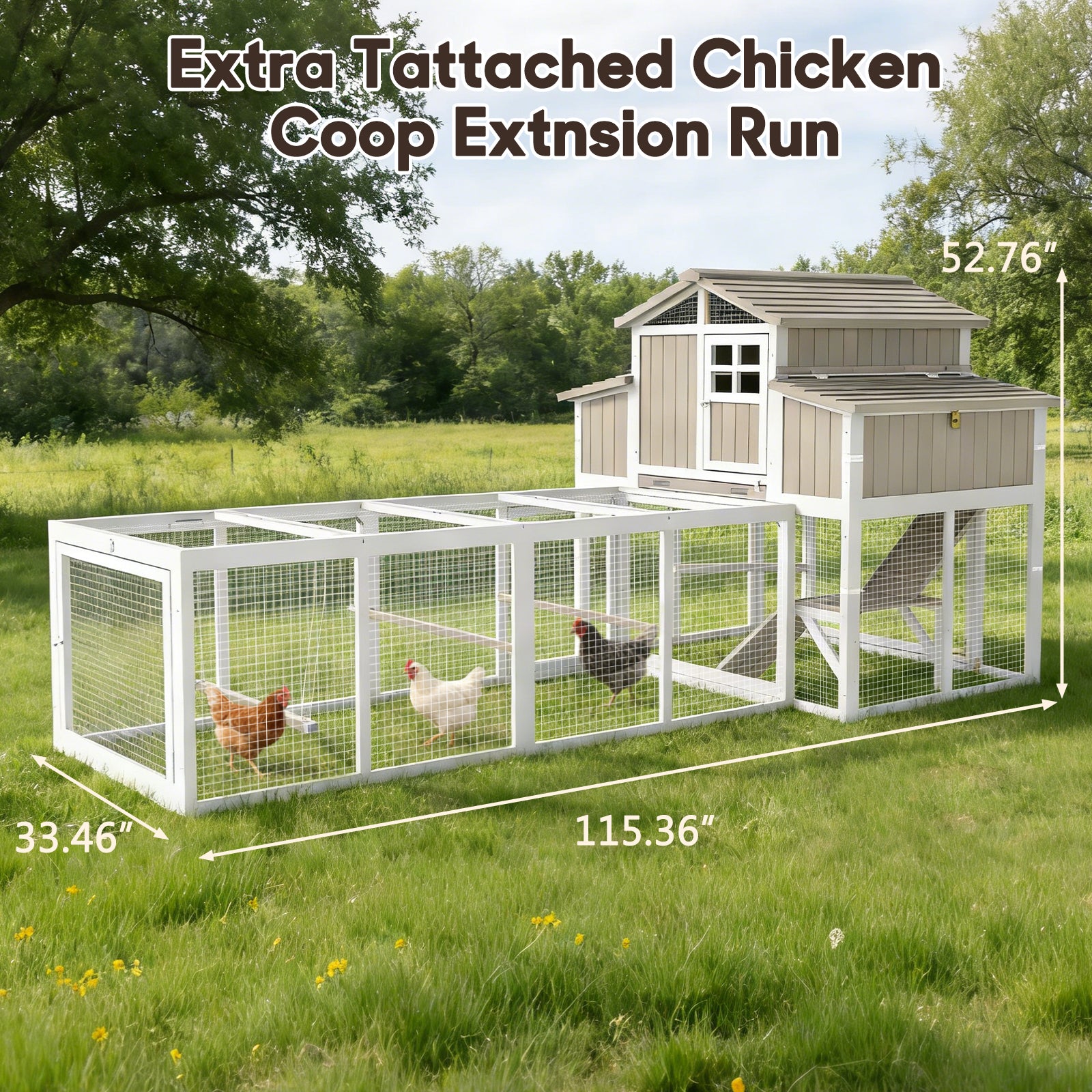 PETSCOSSET Outdoor Large Chicken Coop with Run, Expandable Hen House with 4 Nesting Boxes, Removable Tray and Ramp