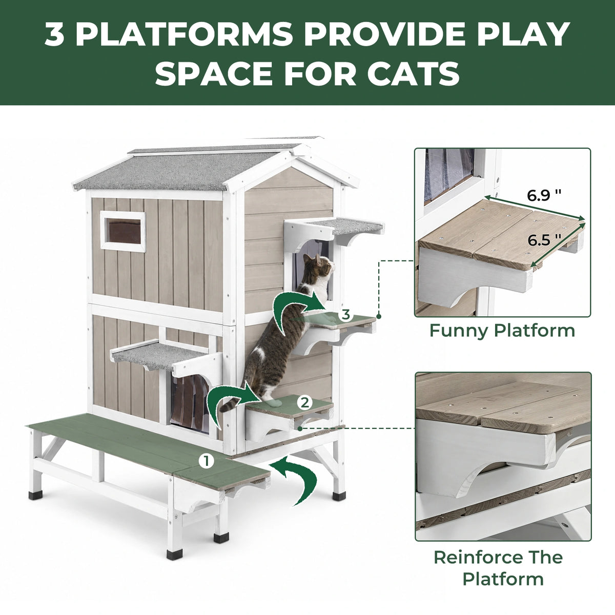 2-Story Insulated Wooden Cat House with Balcony & Open Roof - PET73-TI